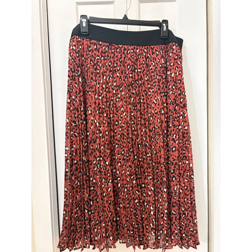 EVRI Women 16W Pleated Midi Skirt Rust Orange Leopard Animal Print Elastic Waist
